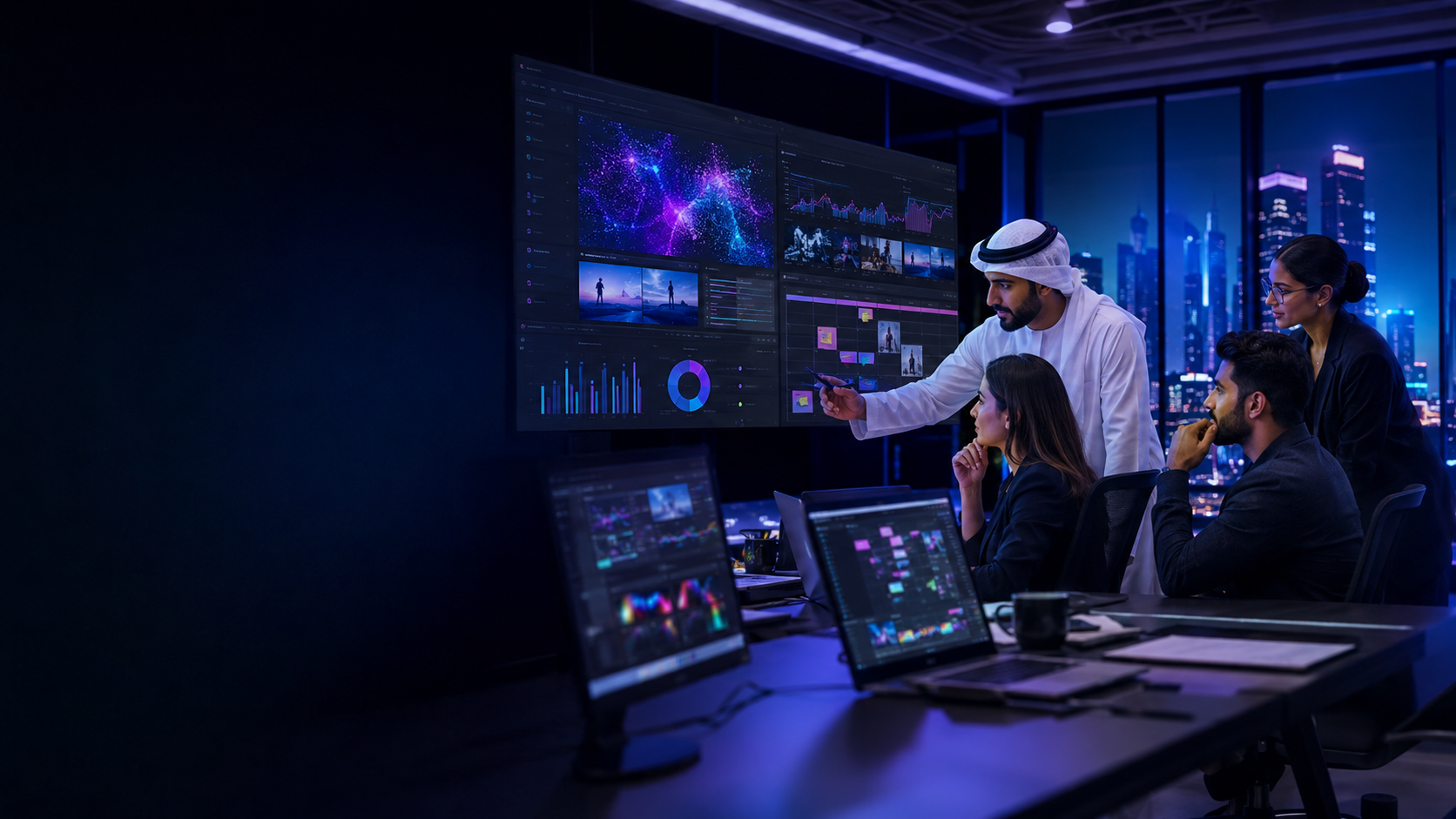 Digital media and AI team working in a modern UAE studio